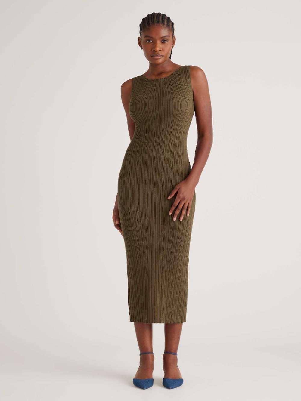 Quince Cotton Cashmere Ribbed Sleeveless Midi Dress Olive Size M